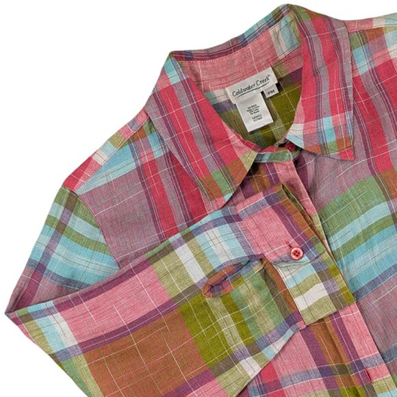 Coldwater Creek Top Womens PM Linen Plaid Pink Green Grandmacore Cottagecore - Picture 1 of 11
